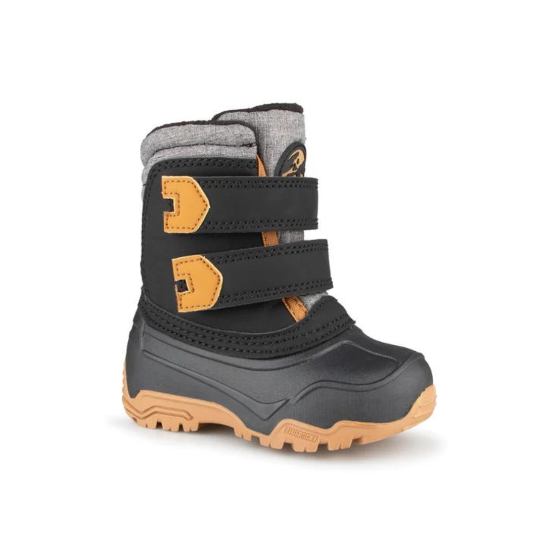BOTTE D'HIVER BLUE ROCKY MATTERHORN POUR ENFANT (5 À 10) COULEUR NOIR/GRIS VU DE LA BOTTE NOIRE AVEC DÉTAILS GRIS ET JAUNE DE PROFIL AVANT DROIT