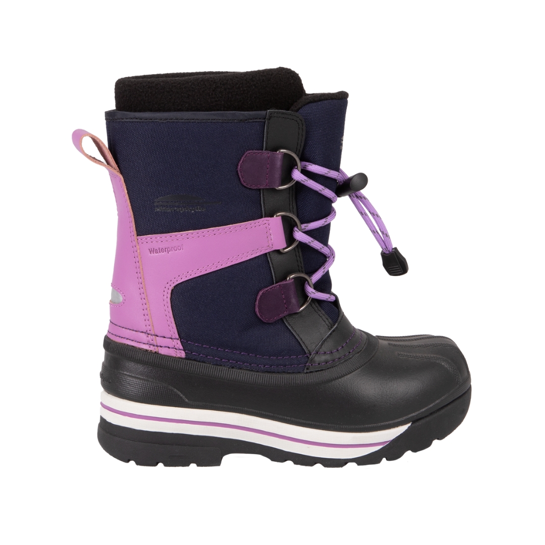 BOTTE D'HIVER CHLOROPHYLLE ALKARIS POUR FILLE JUNIOR (11 À 7) COULEUR NOIR/MAUVE VU DE LA BOTTE MAUVE RAISIN, ROSE ET NOIR DE PROFIL DROIT