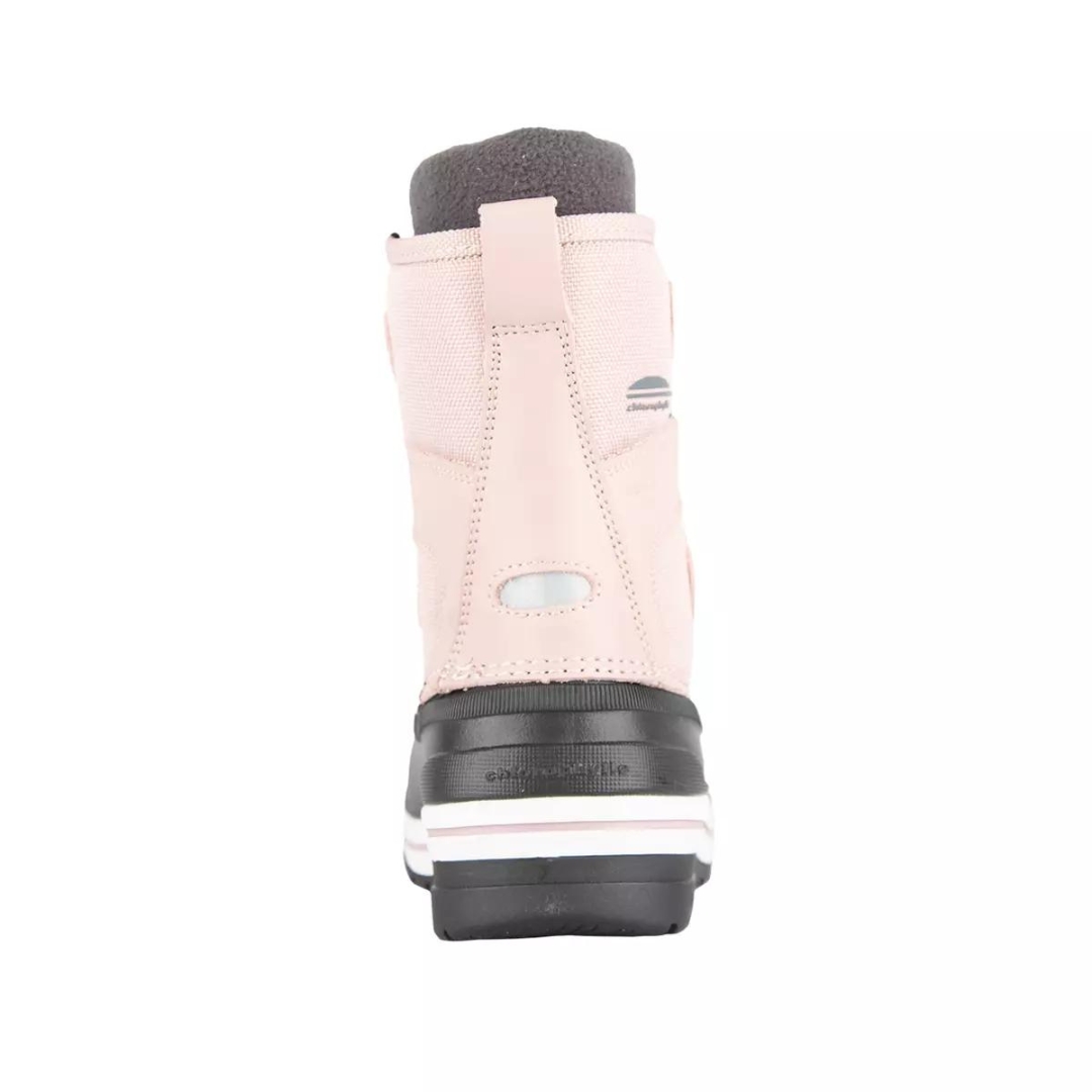BOTTE D'HIVER CHLOROPHYLLE ALKARIS POUR FILLE JUNIOR (11 À 7) COULEUR ROSE VU DE LA BOTTE ROSE PALE ET GRISE DE DOS