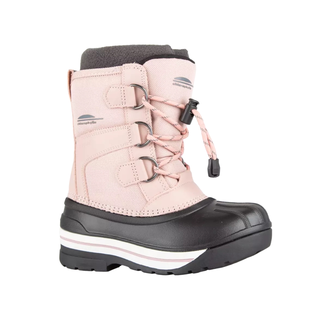 BOTTE D'HIVER CHLOROPHYLLE ALKARIS POUR FILLE JUNIOR (11 À 7) COULEUR ROSE VU DE LA BOTTE ROSE PALE ET GRISE DE PROFIL AVANT DROIT