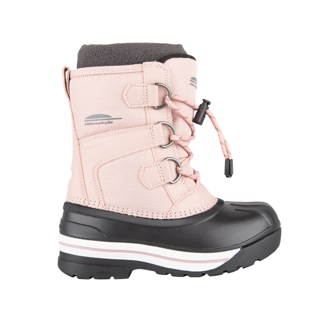 BOTTE D'HIVER CHLOROPHYLLE ALKARIS POUR FILLE JUNIOR (11 À 7) COULEUR ROSE VU DE LA BOTTE ROSE PALE ET GRISE DE PROFIL DROIT