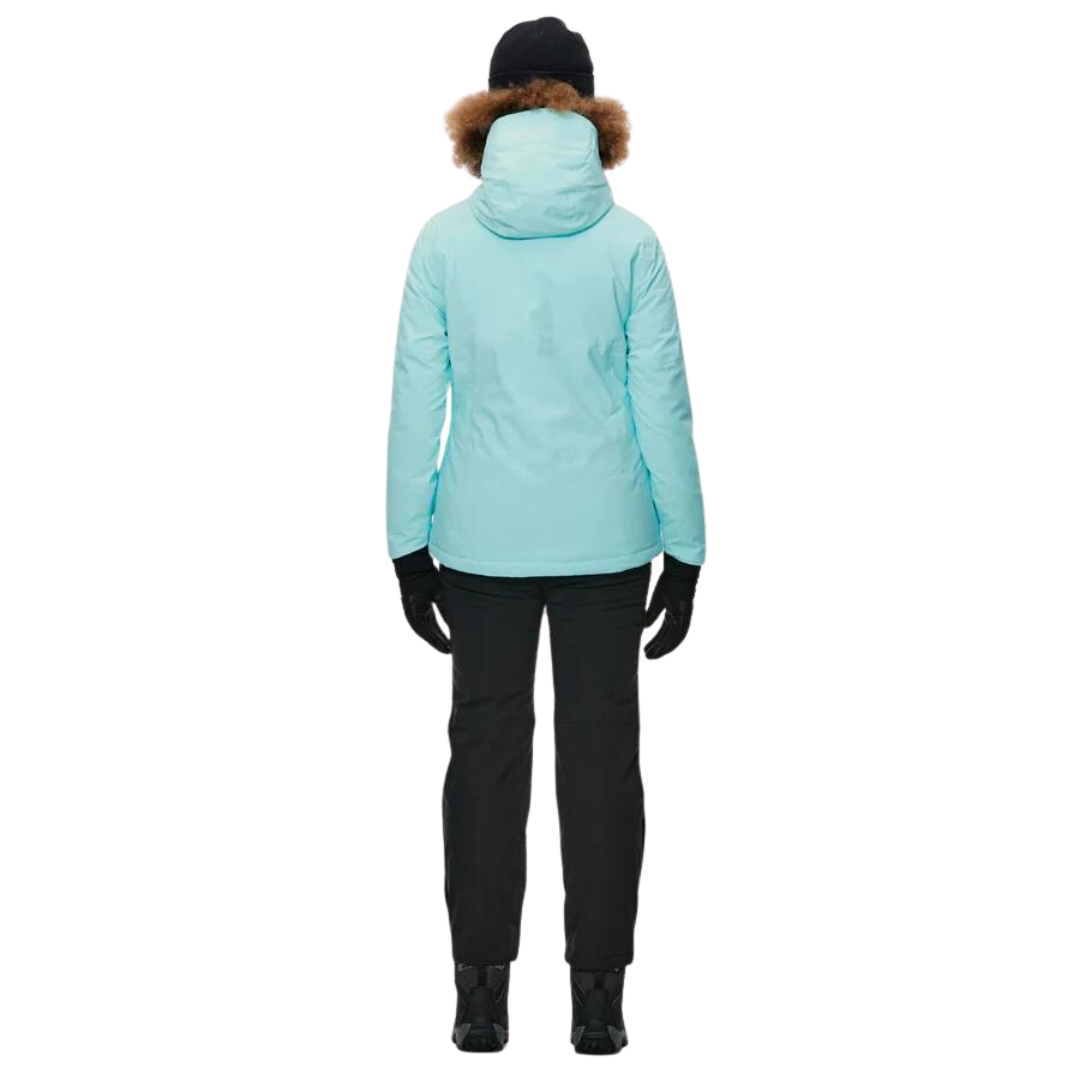 MANTEAU D'HIVER ISOLÉ VISTA DELIA POUR FEMME couleur turquoise vu du manteau turquoise pale porté par une femme vue de la tête aux pieds de dos