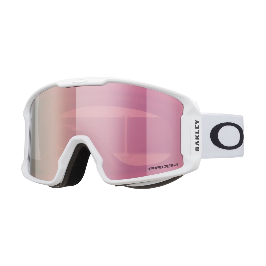 LUNETTE DE SKI ALPIN OAKLEY LINE MINER M POUR ADULTE COULEUR MATTE WHITE / PRIZM ROSE GOLD VUE DE LA LUNETTE BLANCHE AVEC BANDE ÉALSTIQUE BLANCHE LETTRÉE NOIRE ET LENTILLE ROSE DORÉ MIROIR DE PROFIL AVANT GAUCHE