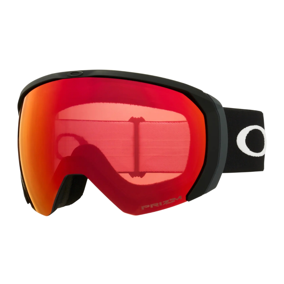 LUNETTE DE SKI ALPIN OAKLEY FLIGHT PATH L POUR ADULTE COULEUR MATTE BLACK W PRIZM SNOW TORCH IRIDIUM VUE DE LA LUNETTE AVEC BANDE ÉLASTIQUE NOIRE LETTRÉE BLANCHE ET LENTILLE ROUGE DÉGRADÉ JAUNE MOIROIR DE PROFIL AVANT GAUCHE