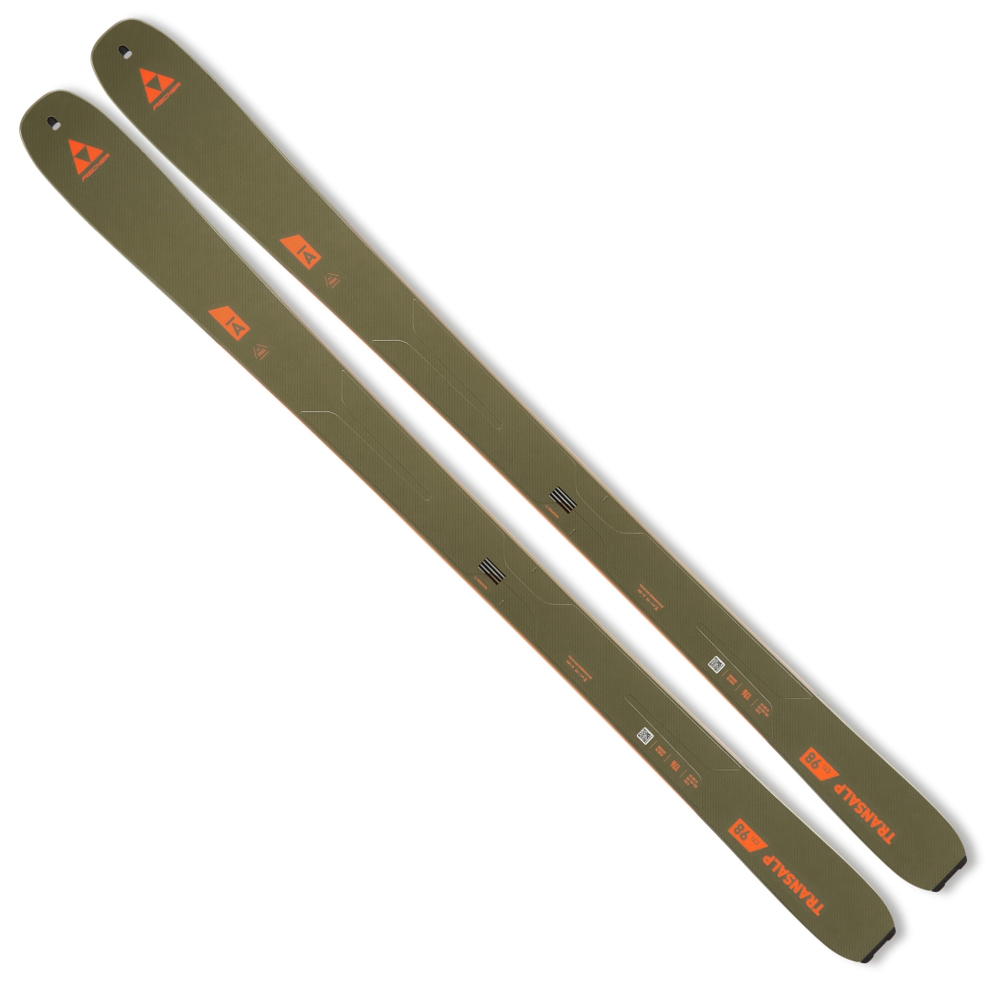 SKI ALPIN FISCHER TRANSALP 98 CTI vue des skis vert olive et orange du dessus