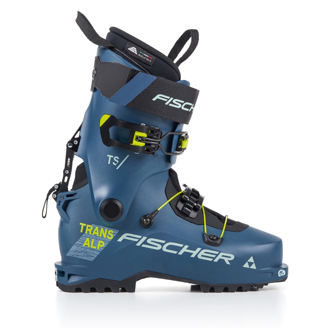 BOTTE DE SKI DE RANDONNÉE FISCHER TRANSALP TS couleur petrol vu de la botte bleue turquoise foncé avec détail jaune fluo de profil droit