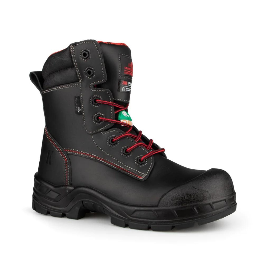 BOTTE DE SÉCURITÉ IMPERMÉABLE KINGTREADS VICTORIA 8″ CSA POUR HOMME COULEUR NOIR VU DE LA BOTTE NOIRE AVEC DÉTAILS ROUGES DE PROFIL DROIT