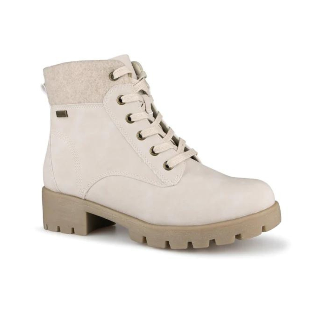 BOTTE D'HIVER MANATHAN EMILHO POUR FEMME couleur beige vu de la botte beige pale à talon de profil avant droit