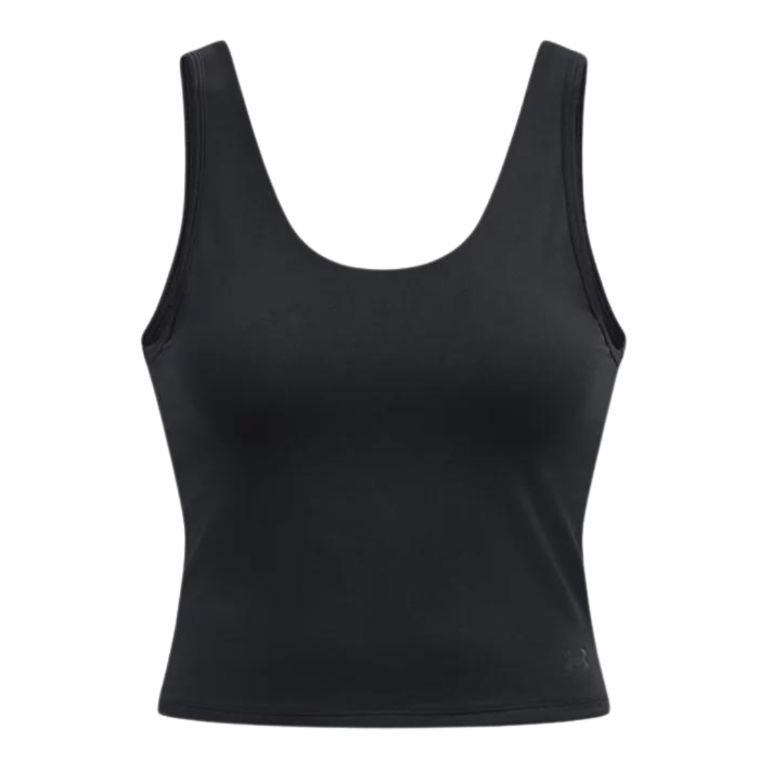 CAMISOLE D'ENTRAINEMENT UNDER ARMOUR MOTION POUR FEMME couleur 001-BLACK/JET GRAY vu de la camisole noire avec logo gris de face