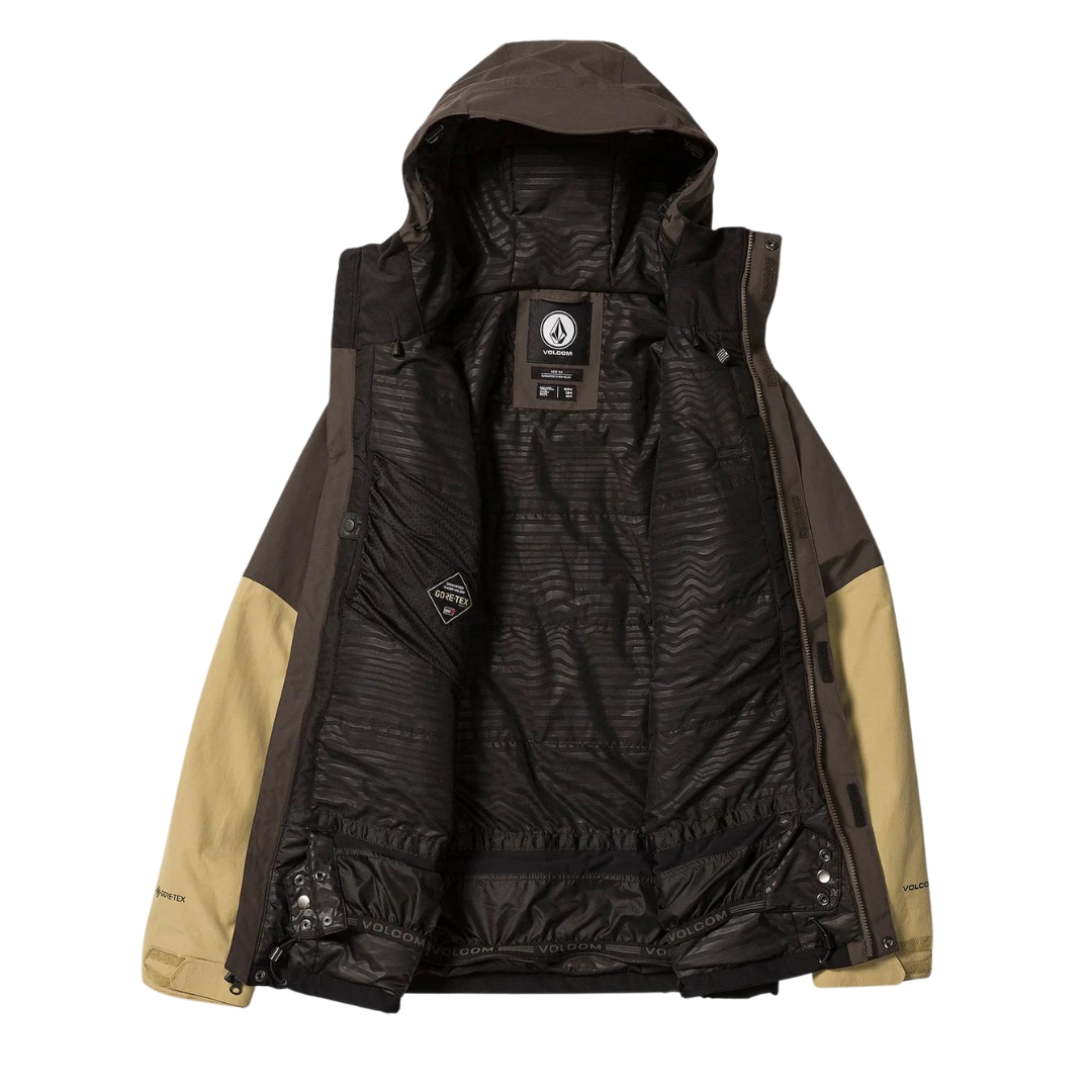 MANTEAU DE SKI EN GORETEX VOLCOM L POUR HOMME couleur brn-brown vu du manteau brun, noir et beige de face les panneaux ouverts pour montrer l'intérieur