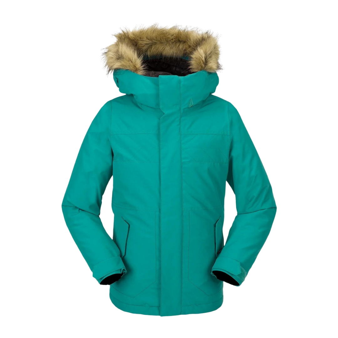 MANTEAU DE SKI ISOLÉ VOLCOM SO MINTY POUR ENFANT JUNIOR couleur vbg-vibrant green vu du manteau vert aqua avec fausse fourrure au capuchon de face