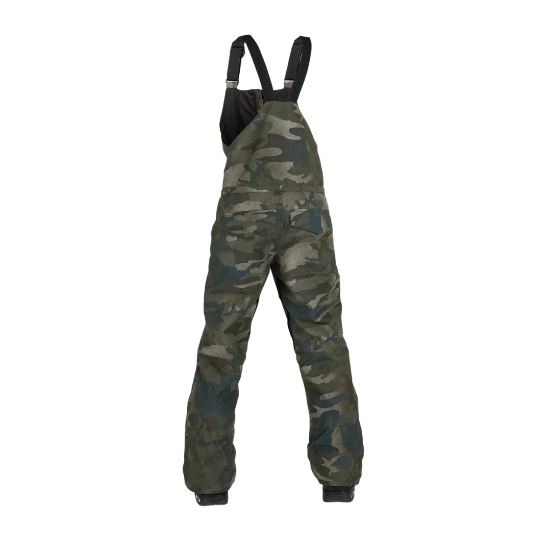 SALOPETTE ISOLÉE VOLCOM BARKLEY À IMPRIMÉ CAMOUFLAGE POUR JUNIOR couleur CWC-CLOUDWASH CAMO vu de la salopette à imprimé camouflage dans les tons de vert, brun et khaki avec détails noir vu de dos