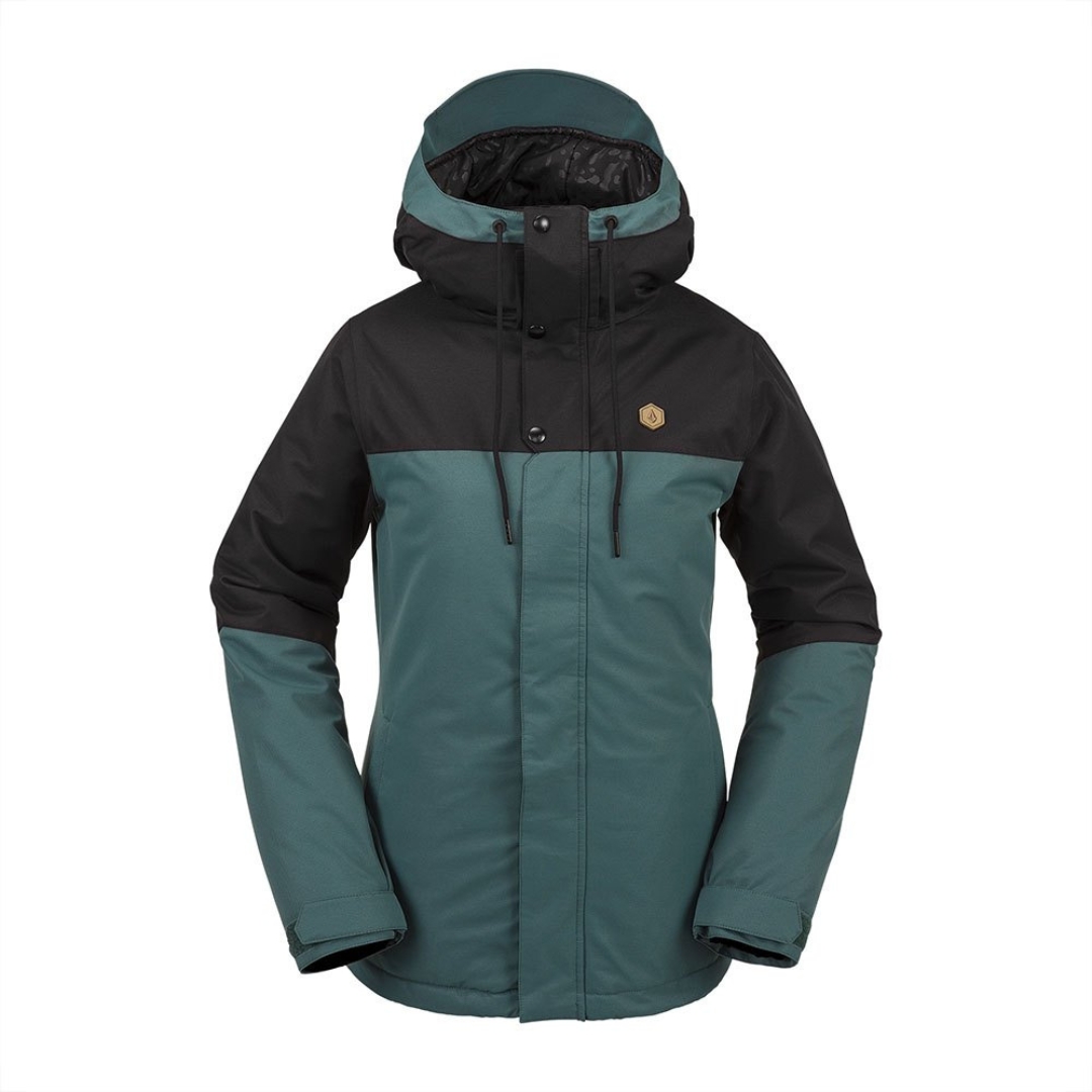 MANTEAU DE SKI ISOLÉ VOLCOM BOLT POUR FEMME couleur BSM-BALSAM vu du manteau noir et vert foret de face
