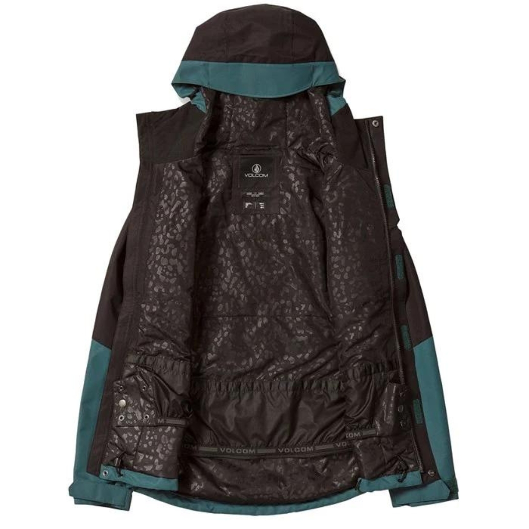 MANTEAU DE SKI ISOLÉ VOLCOM BOLT POUR FEMME couleur BSM-BALSAM vu du manteau noir et vert foret de face et ouvert laissant voir l'intérieur du manteau