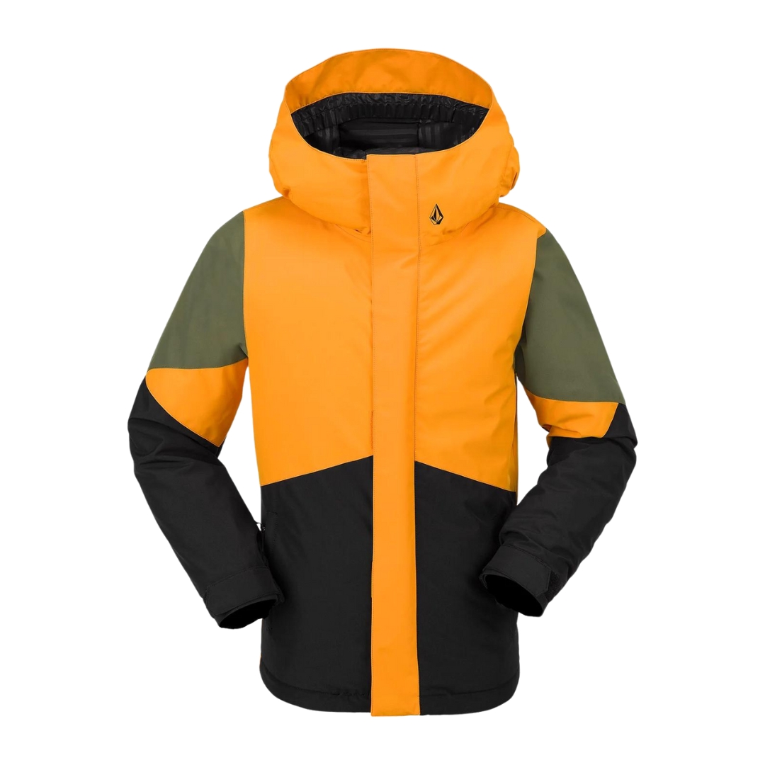 MANTEAU DE SKI ISOLÉ VOLCOM VERNON POUR JUNIOR couleur GLD-GOLD vu du manteau jaune doré, noir et vert olive de face