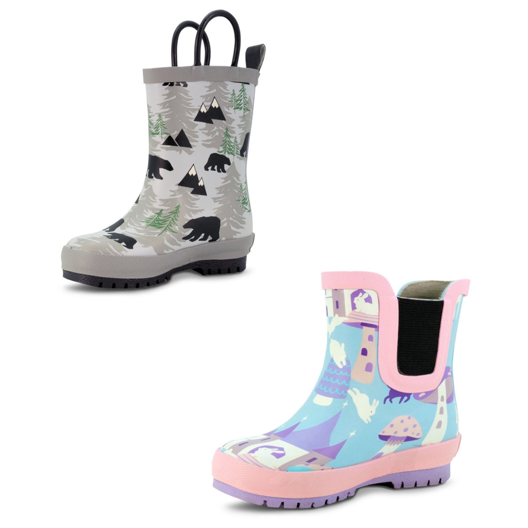 BOTTE DE PLUIE JAN & JUL PUDDLE-DRY POUR ENFANT couleur bear versioin ganse et couleur enchanted version élastiques de profil avant gauche