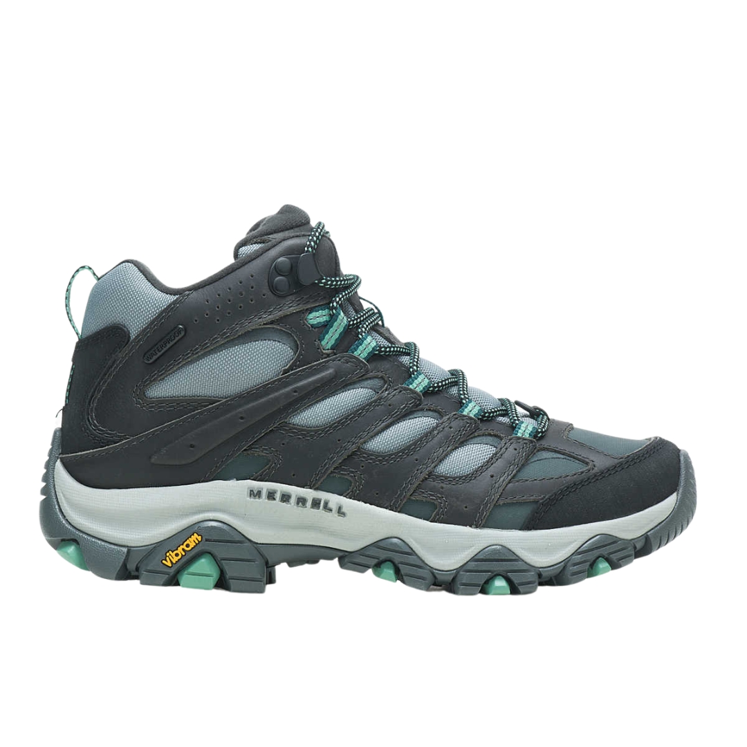 BOTTE D'HIVER IMPERMÉABLE MERRELL MOAB 3 THERMO MID POUR FEMME couleur ROCK/JADE vue de la botte grise bleuté foncé, pale et très pale de profil droit