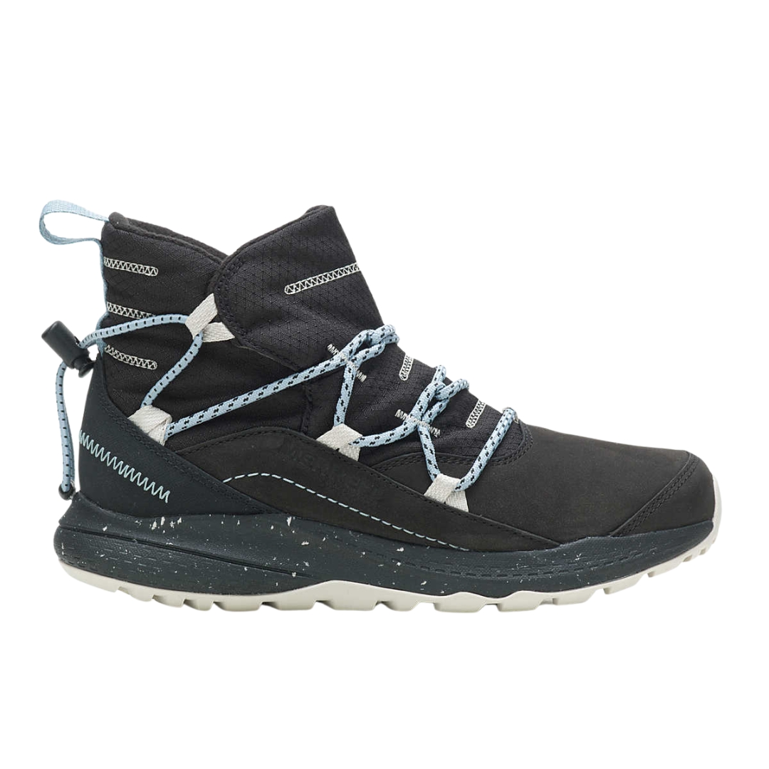 BOTTE D'HIVER IMPERMÉABLE MERRELL BRAVADA 2 THERMO DEMI POUR FEMME couleur BLACK/ARONA vue de la botte noire avec détails bleu pale et bleu foncé vue de profil droit