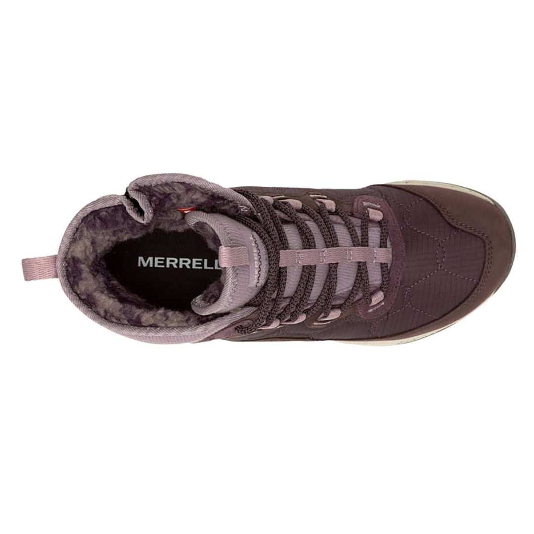 BOTTE D'HIVER IMPERMÉABLE MERRELL ANTORA 3 THERMO MID ZIP POUR FEMME couleur burgundy vue de la botte rouge vin, rose et blanche vue du dessus