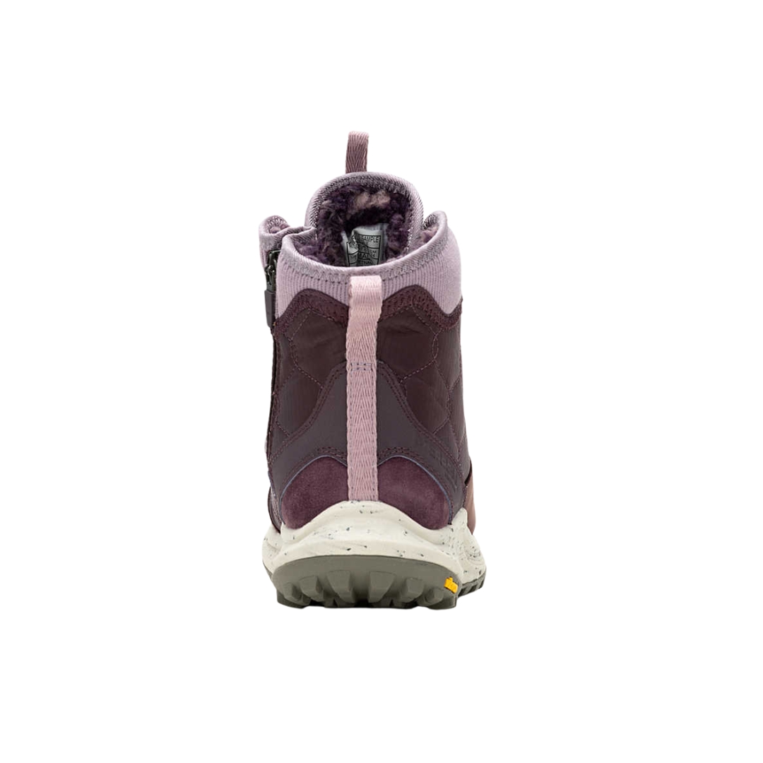 BOTTE D'HIVER IMPERMÉABLE MERRELL ANTORA 3 THERMO MID ZIP POUR FEMME couleur burgundy vue de la botte rouge vin, rose et blanche de dos