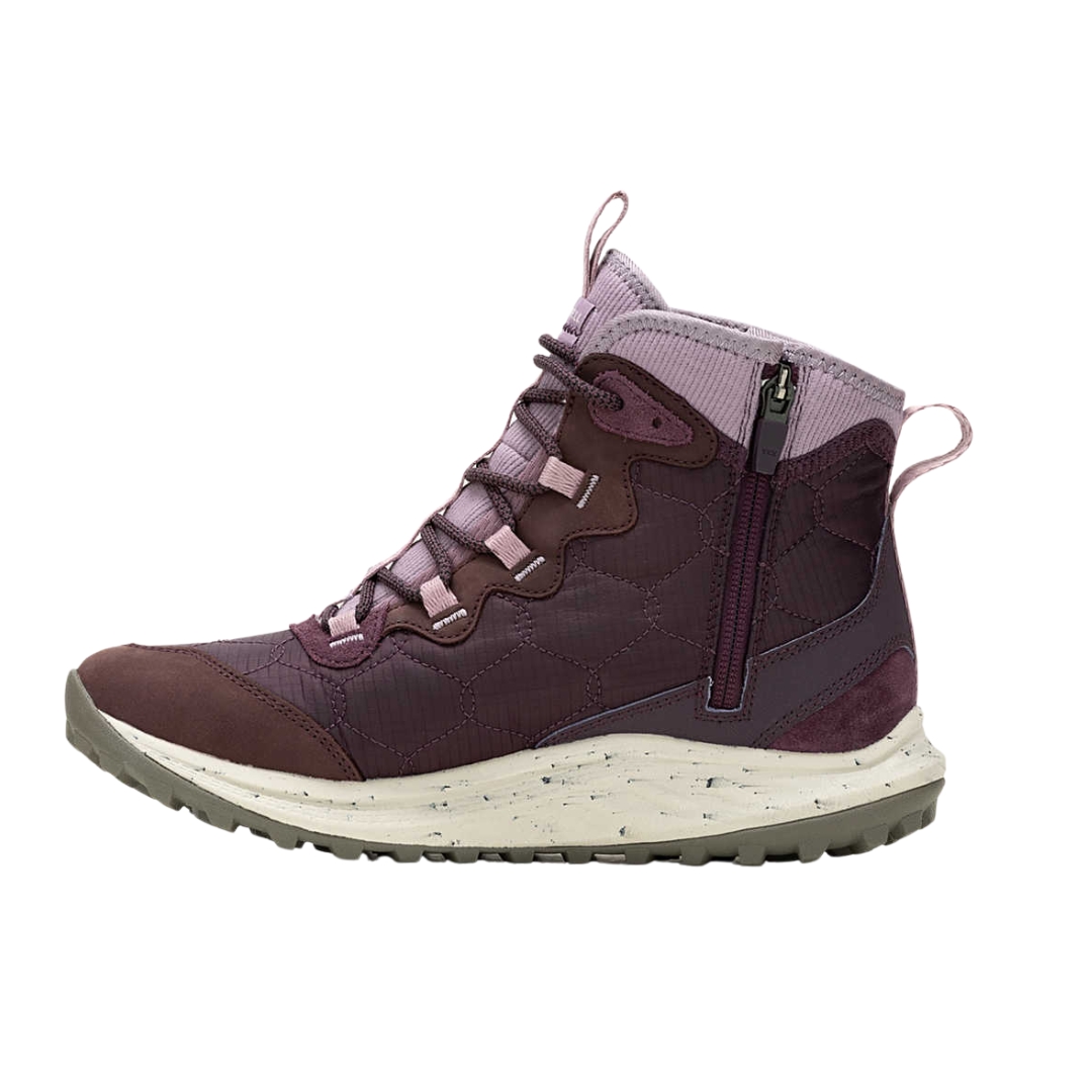 BOTTE D'HIVER IMPERMÉABLE MERRELL ANTORA 3 THERMO MID ZIP POUR FEMME couleur burgundy vue de la botte rouge vin, rose et blanche de profil gauche