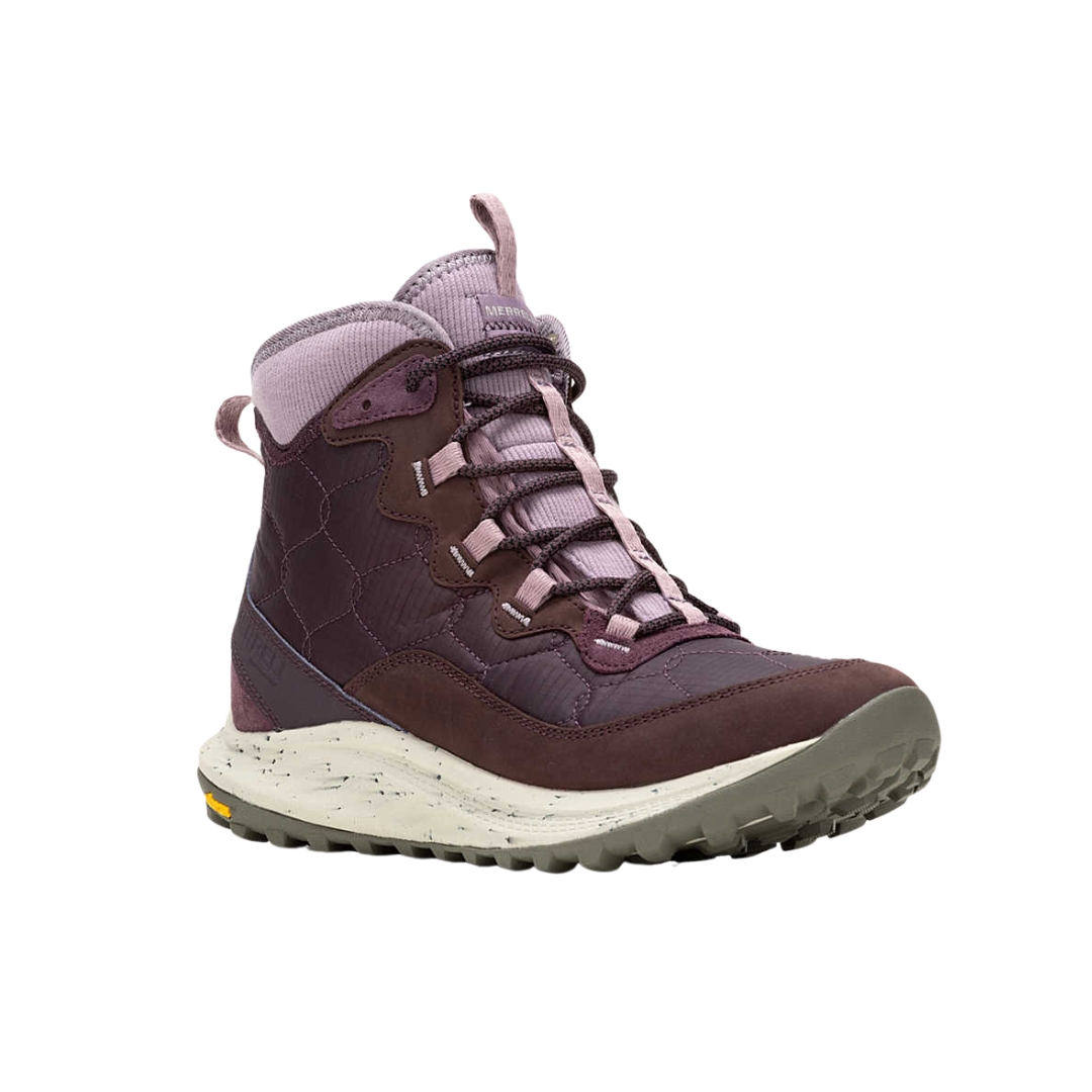 BOTTE D'HIVER IMPERMÉABLE MERRELL ANTORA 3 THERMO MID ZIP POUR FEMME couleur burgundy vue de la botte rouge vin, rose et blanche de profil avant droit