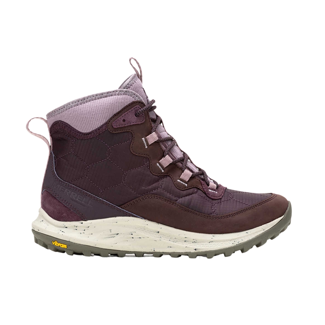 BOTTE D'HIVER IMPERMÉABLE MERRELL ANTORA 3 THERMO MID ZIP POUR FEMME couleur burgundy vue de la botte rouge vin, rose et blanche de profil droit