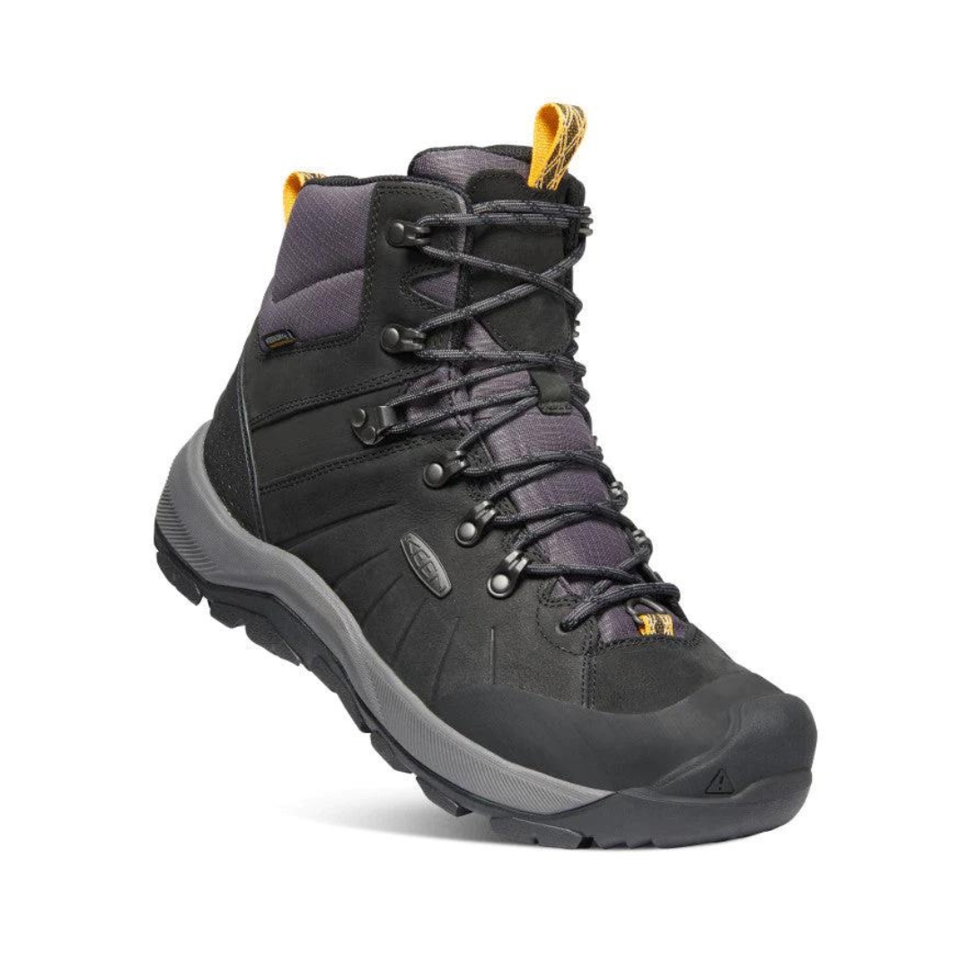 BOTTE D'HIVER IMPERMÉABLE KEEN REVEL IV MID POLAR POUR HOMME couleur black/magnet vue de la botte nouire grise et mauve grisâtre de profil avant droit