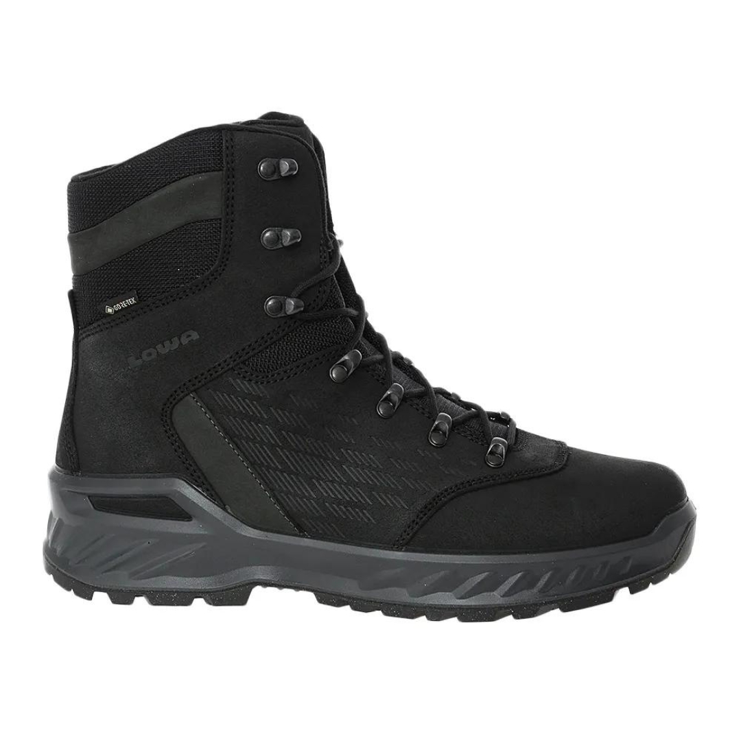 BOTTE D'HIVER IMPERMÉABLE LOWA NABUCCO EVO GTX POUR HOMME couleur 0999-BLACK vue de la botte noire avec semelle d'usure grise de profil droit