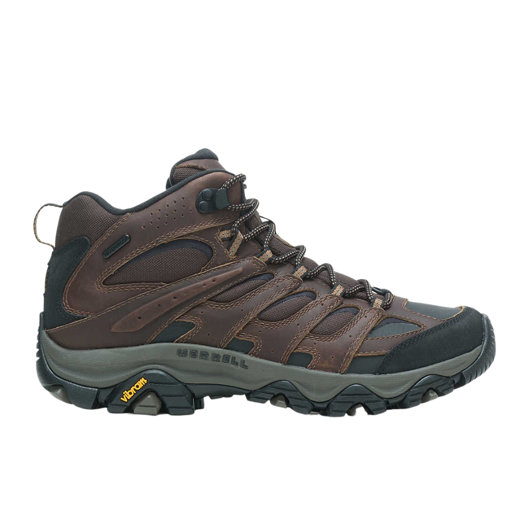 BOTTE D'HIVER IMPERMÉABLE MERRELL MOAB 3 THERMO MID POUR HOMME couleur EARTH vue de la botte brune, noire et grise de profil droit