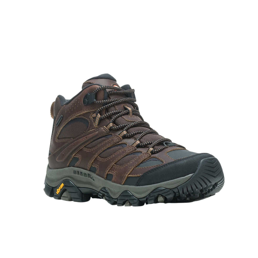 BOTTE D'HIVER IMPERMÉABLE MERRELL MOAB 3 THERMO MID POUR HOMME couleur EARTH vue de la botte brune, noire et grise de profil avant droit