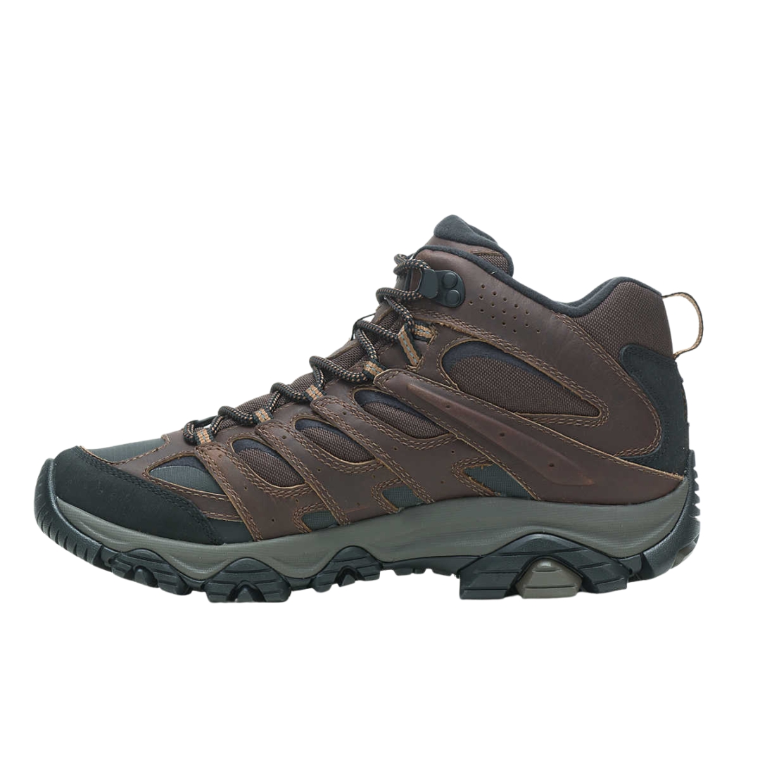 BOTTE D'HIVER IMPERMÉABLE MERRELL MOAB 3 THERMO MID POUR HOMME couleur EARTH vue de la botte brune, noire et grise de profil gauche