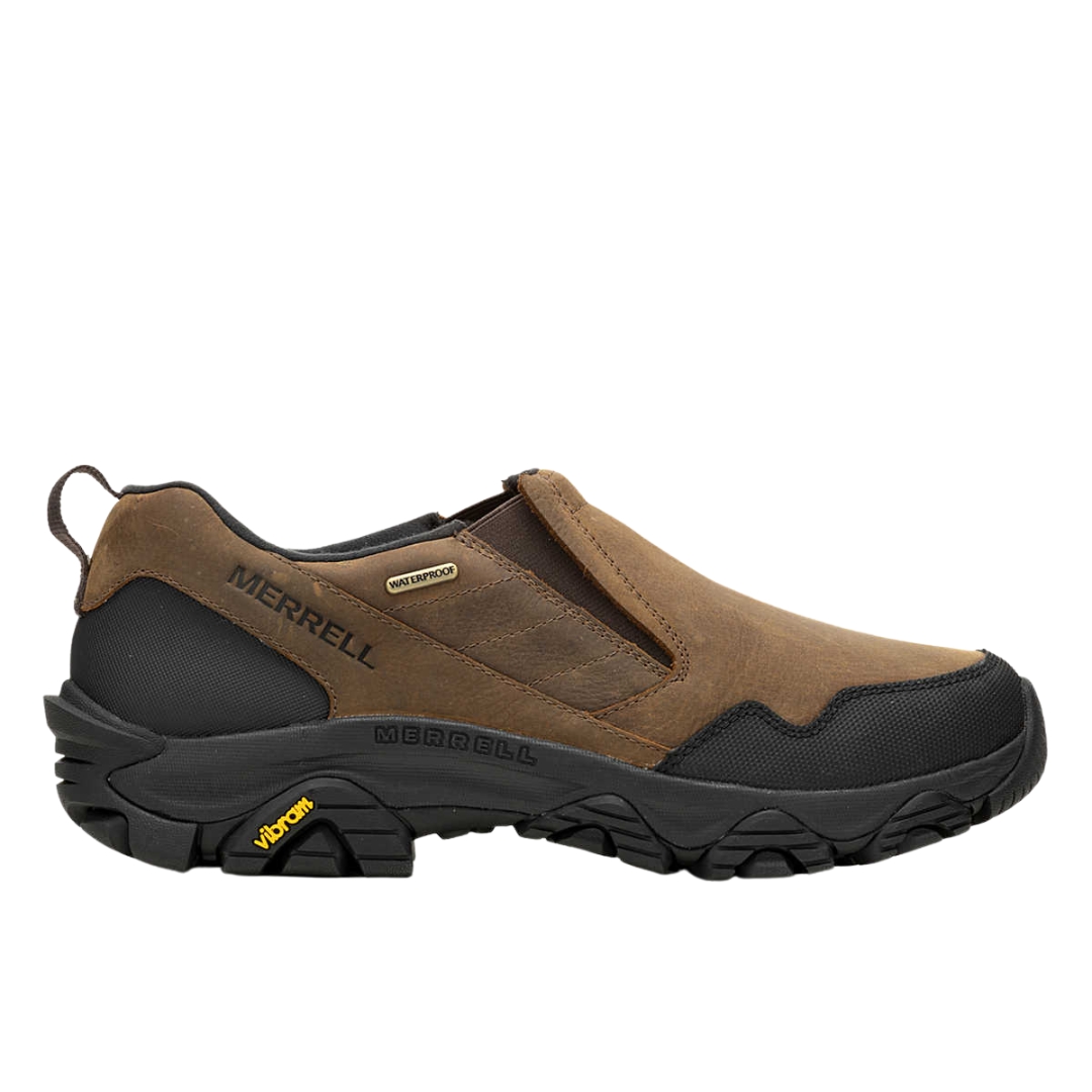 MOC IMPERMÉABLE ET ISOLÉ MERRELL COLDPACK 3 THERMO POUR HOMME couleur earth vue du mocassin brun et noir de profil droit