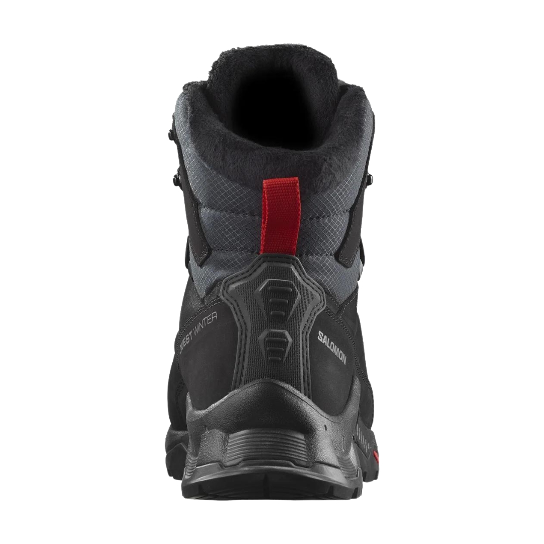 BOTTE D'HIVER IMPERMÉABLE SALOMON QUEST WINTER THINSULATE CLIMASALOON POUR HOMME couleur Black / Goji Berry / Monument vue de la botte noire et grise à détails rouge de dos