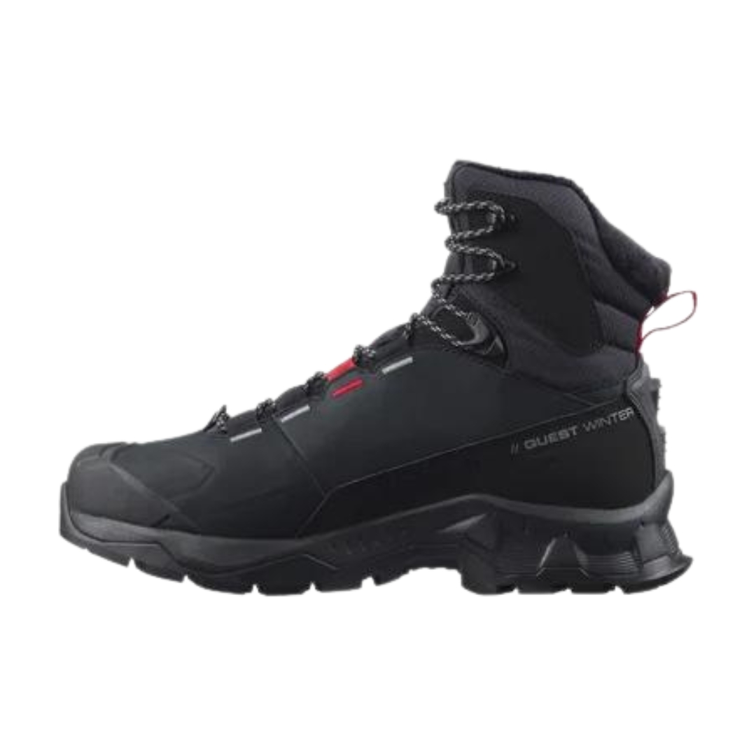 BOTTE D'HIVER IMPERMÉABLE SALOMON QUEST WINTER THINSULATE CLIMASALOON POUR HOMME couleur Black / Goji Berry / Monument vue de la botte noire et grise à détails rouge de profil gauche