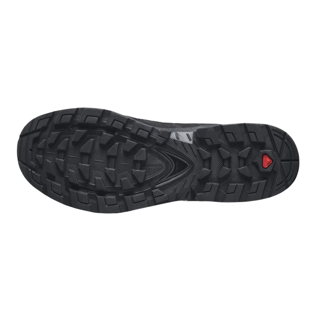 BOTTE D'HIVER IMPERMÉABLE SALOMON QUEST WINTER THINSULATE CLIMASALOON POUR HOMME couleur Black / Goji Berry / Monument vue de la botte noire et grise à détails rouge vue sur la semelle d'usure