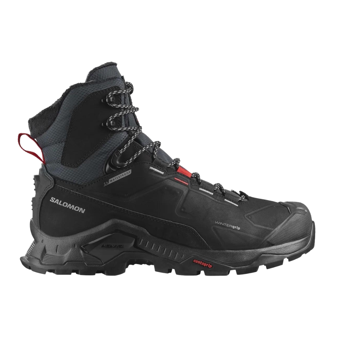 BOTTE D'HIVER IMPERMÉABLE SALOMON QUEST WINTER THINSULATE CLIMASALOON POUR HOMME couleur Black / Goji Berry / Monument vue de la botte noire et grise à détails rouge de profil droit