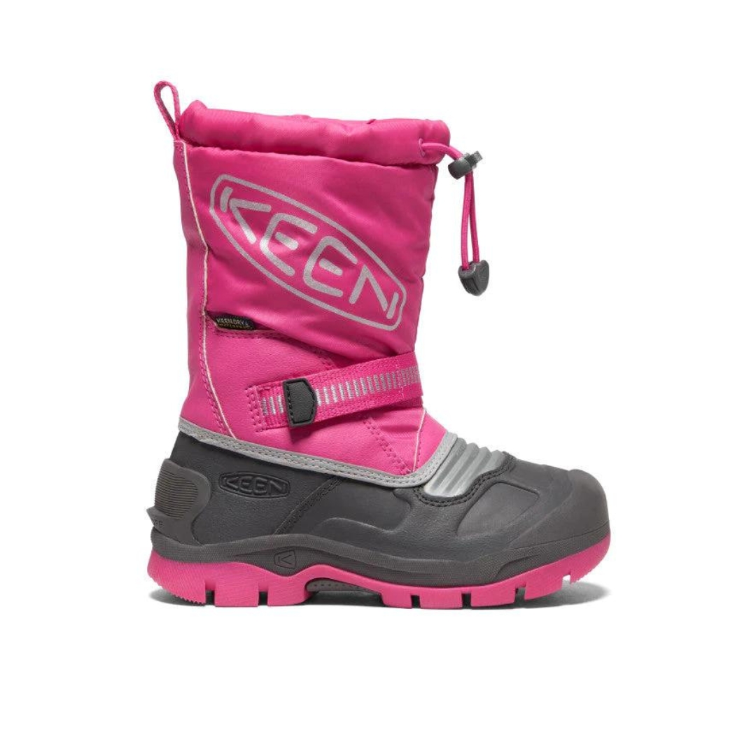 BOTTE D'HIVER IMPERMÉABLE KEEN SNOW TROLL POUR junior couleur FUCHSIA PURPLE/SILVER vue de la botte rose et grise de profil droit