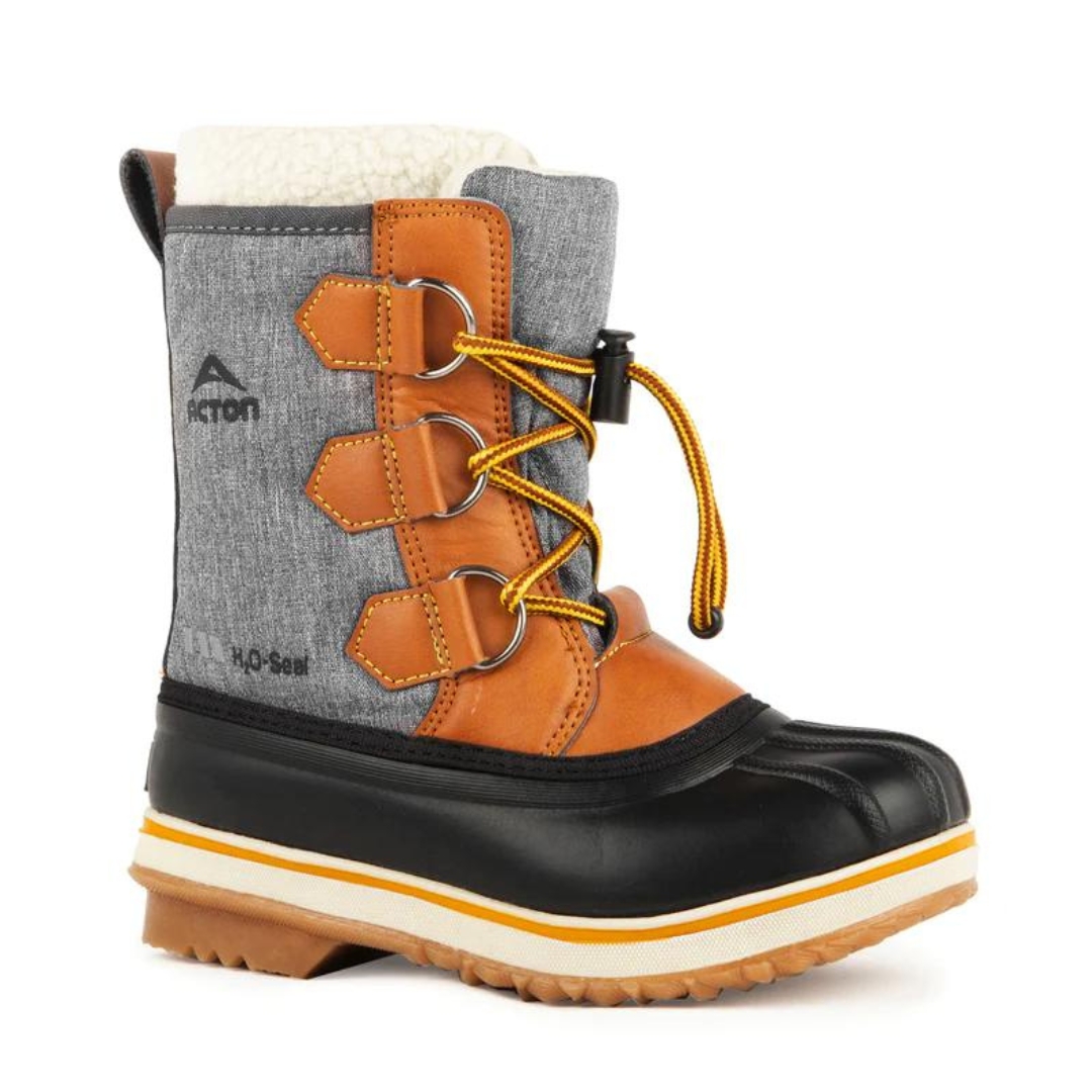 BOTTE D’HIVER IMPERMÉABLE ACTON TOM POUR JUNIOR (10 À 8) couleur J12-GRIS ET TAN vue de la botte grise, noir et tan de profil avant droit