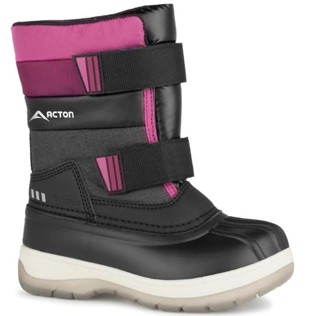 BOTTE D'HIVER IMPERMÉABLE ACTON BUBBLEGUM POUR JUNIOR couleur J14-NOIR ET ROSE vue de la botte noire et rose à semelle d,usure blanche et incolore de profil avant droit