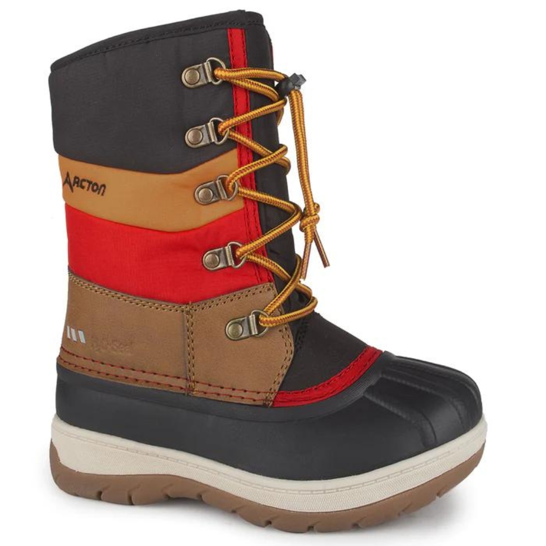 BOTTE D'HIVER ACTON GUMMY POUR JUNIOR COULEUR J12-NOIR ET TAN VUE DE LA BOTTE BRUNE, NOIRE ET ROUGE DE PROFIL AVANT DROIT