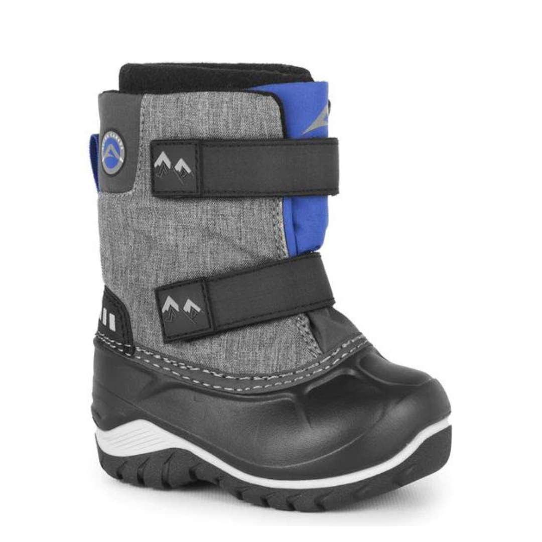 BOTTE D'HIVER ACTON FUNKY POUR JUNIOR COULEUR J16-GRIS ET BLEU VUE DE LA BOTTE GRISE, BLEUE ET NOIRE DE PROFIL AVANT DROIT