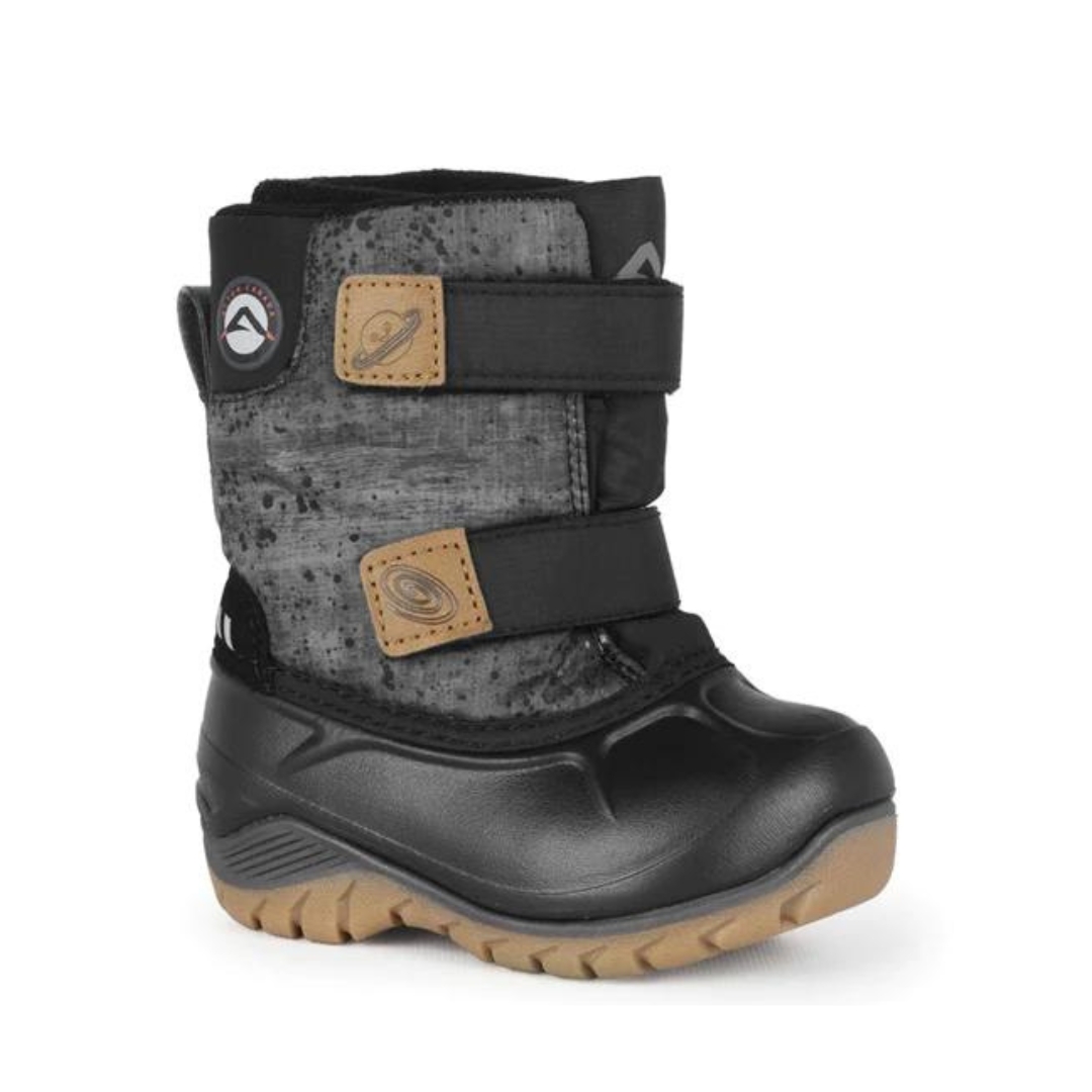 BOTTE D'HIVER ACTON FUNKY POUR JUNIOR COULEUR J11-NOIR VUE DE LA BOTTE NOIRE , GRISE ET BRUNE DE PROFIL AVANT DROIT