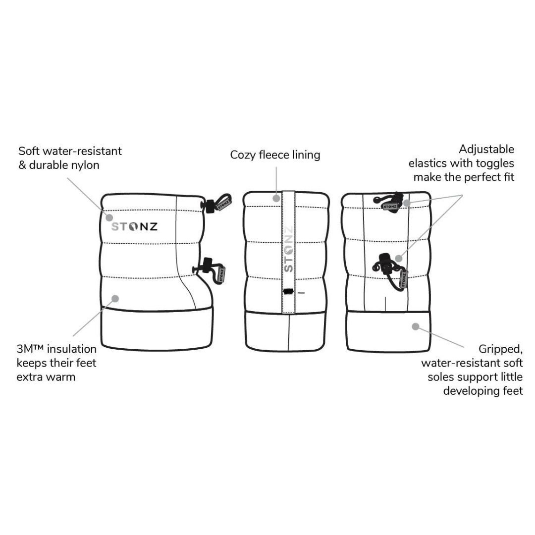 BOTTILLON STONZ PUFFER POUR BÉBÉ VUE EN DESSIN DE FACE, PROFIL DROIT ET DE DOS