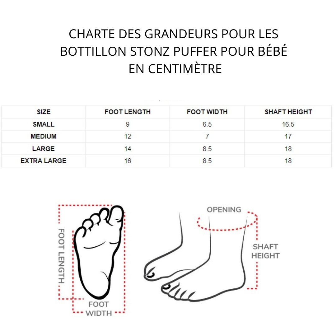 CHARTE DES GRANDEURS POUR LES BOTTILLON STONZ PUFFER POUR BÉBÉ EN CENTIMÈTRE