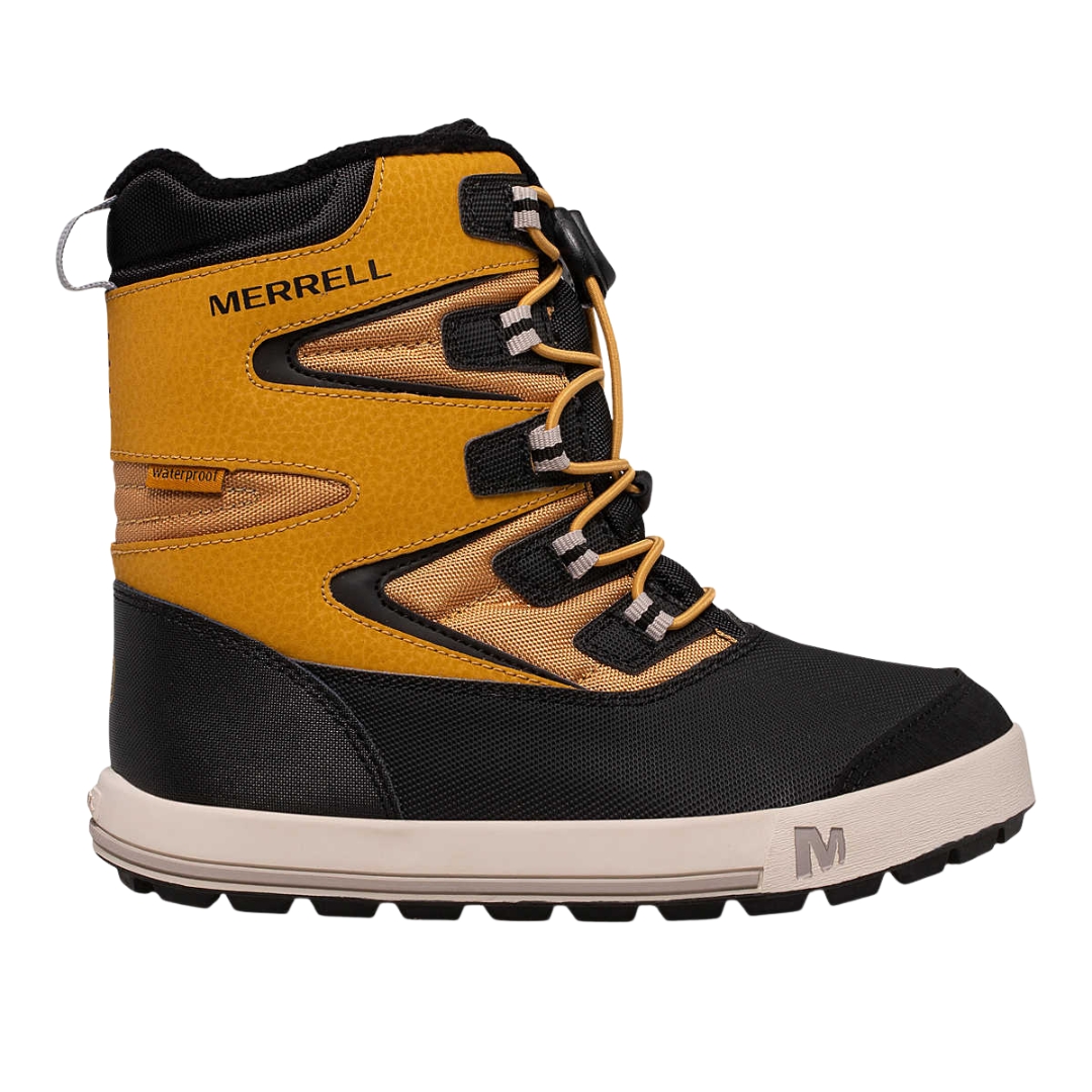 BOTTE D'HIVER IMPERMÉABLE MERRELL SNOW BANK 3.0 POUR JUNIOR couleur wheat vue de la botte brun ocre et noire de profil droit