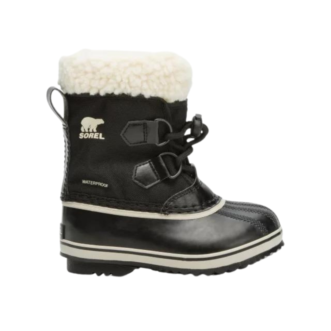 BOTTE D'HIVER EN NYLON SOREL YOOT PAC POUR ENFANT couleur 010-BLACK vue de la botte noire avec détails blanc cassés de profil droit