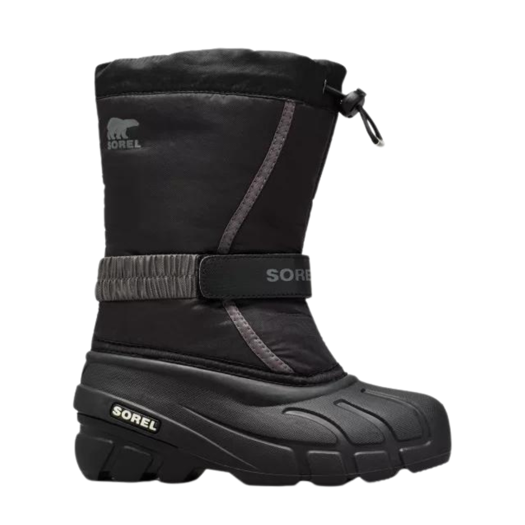 BOTTE D'HIVER SOREL FLURRY POUR JUNIOR couleur 016-BLACK/CITY GREY vue de la botte noire et grise de profil droit