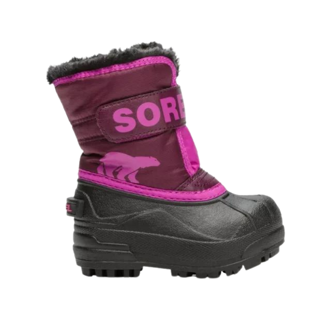 BOTTE D'HIVER IMPERMÉABLE SOREL SNOW COMMANDER COULEUR 562-PURPLE DAHLIA/GROOVY PINK VU DE LA BOTTE NOIRE ROSE FONCÉ ET ROSE FUSHIA DE PROFIL DROIT