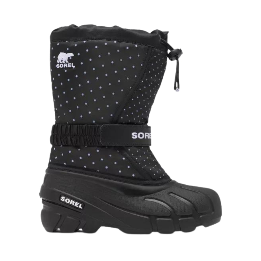 BOTTE D'HIVER SOREL FLURRY À IMPRIMÉS POUR ENFANT couleur 010-BLACK vue de la botte noire à petits poids imprimés blancs de profil droit